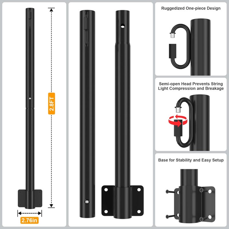 Suchtale 4 Pack 2.8 FT Outdoor String Light Poles, Suspension Fence Post Extender with Clip and Bracket, Deck String Lights Hangers, Wall Mounting Stand for Patio Garden Christmas Wedding Party,Black - Image 2